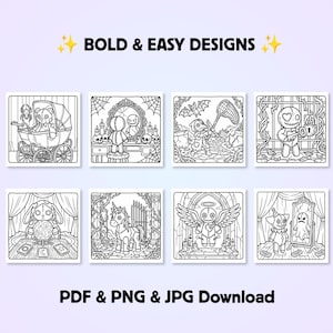 May include: A collection of eight black and white coloring pages featuring BOLD & EASY DESIGNS. The illustrations include a doll in a carriage, a doll at a mirror, a plague doctor, a doll with a key, a rabbit with a crystal ball, a unicorn, a winged doll, and a clown with a ghost. PDF & PNG & JPG Download.