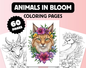60 Blooming Animals Coloring Pages, Nature Art, Digital Download PDF