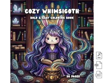 Libro para colorear Cozy Whimsigoth, páginas para colorear blanditas, atrevidas y fáciles, PDF imprimible de estilo Dark Academia Goblincore, arte gótico de brujas, Procreate