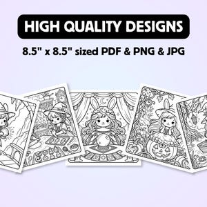 Puede incluir: Una colecci&oacute;n de cinco p&aacute;ginas para colorear en blanco y negro con personajes de conejos con sombreros de bruja. El texto dice HIGH QUALITY DESIGNS y 8.5" x 8.5" sized PDF & PNG & JPG. Las ilustraciones muestran escenas con calabazas, una bola de cristal y un bote.