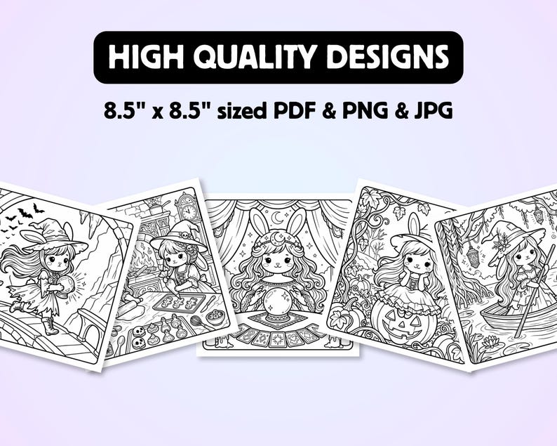 Puede incluir: Una colecci&oacute;n de cinco p&aacute;ginas para colorear en blanco y negro con personajes de conejos con sombreros de bruja. El texto dice HIGH QUALITY DESIGNS y 8.5" x 8.5" sized PDF & PNG & JPG. Las ilustraciones muestran escenas con calabazas, una bola de cristal y un bote.