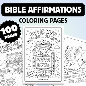 Puede incluir: Una colección de 100 páginas para colorear con afirmaciones bíblicas en arte lineal blanco y negro. Los diseños incluyen un cofre del tesoro con el texto God Shows Me The Path To Joy, un frasco de corazones God's Love y una paloma Jesus Gives Me His Peace.