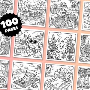 May include: A collection of 100 pages of black and white line art illustrations for coloring, featuring various whimsical characters like a DJ pelican, a crab building a sandcastle, a unicorn on roller skates, and food items relaxing on a beach.