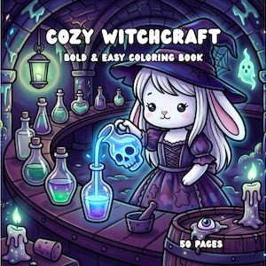 Puede incluir: Un libro para colorear titulado COZY WITCHCRAFT BOLD & EASY COLORING BOOK con 50 P&Aacute;GINAS. La portada muestra un conejo blanco con sombrero de bruja y vestido morado vertiendo una poci&oacute;n azul brillante en una botella de vidrio sobre un mostrador.