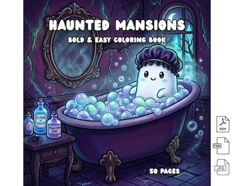 May include: A coloring book titled Haunted Mansions Bold & Easy Coloring Book featuring a white ghost wearing a shower cap in a purple clawfoot bathtub filled with blue bubbles, with potion bottles labeled Elixir of Youth and Phantom Soap.