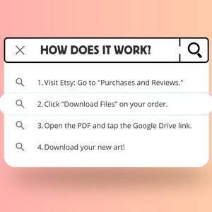 May include: A white search bar graphic with the text HOW DOES IT WORK? followed by four steps: 1. Visit Etsy: Go to Purchases and Reviews. 2. Click Download Files on your order. 3. Open the PDF and tap the Google Drive link. 4. Download your new art.