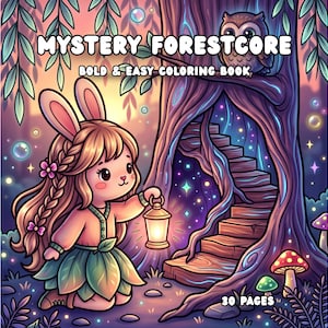 May include: A coloring book titled MYSTERY FORESTCORE BOLD & EASY COLORING BOOK with 30 PAGES. The cover features a character with rabbit ears holding a glowing lantern near a large tree with a staircase inside and an owl perched above.