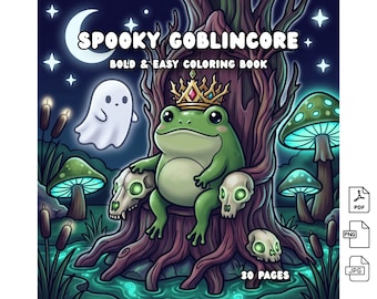 May include: A coloring book titled SPOOKY GOBLINCORE BOLD & EASY COLORING BOOK featuring a green frog wearing a crown on a tree stump throne, surrounded by glowing mushrooms, skulls, a ghost, and a crescent moon. The cover indicates 30 pages.