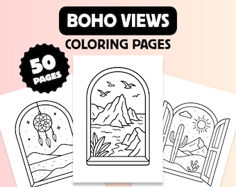 50 Boho Landscape Coloring Pages, Minimalist Window Views, Printable Coloring Book (PDF Download)