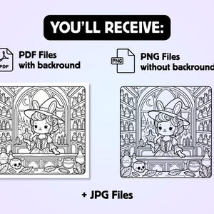 Puede incluir: Un conjunto de p&aacute;ginas para colorear digitales con un personaje con sombrero de bruja detr&aacute;s de un mostrador lleno de frascos de pociones, calaveras y cristales. El texto dice YOU'LL RECEIVE, PDF Files with backround, PNG Files without backround, + JPG Files.
