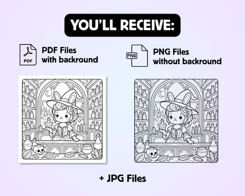 Puede incluir: Un conjunto de p&aacute;ginas para colorear digitales con un personaje con sombrero de bruja detr&aacute;s de un mostrador lleno de frascos de pociones, calaveras y cristales. El texto dice YOU'LL RECEIVE, PDF Files with backround, PNG Files without backround, + JPG Files.