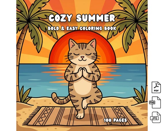 100 Funky Summer Coloring Pages, Groovy Retro Coloring Book, Summer Printable Coloring Pages, Digital Download, Cute Animal Beach Adventures