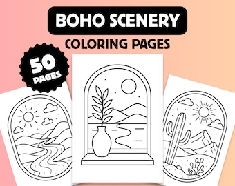 50 Minimalist Boho Scenery Coloring Pages: Easy Bold Designs (Printable PDF, Instant Download)