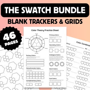 Könnte beinhalten: Eine Sammlung weißer Papierbögen mit dem Titel The Swatch Bundle Blank Trackers & Grids, bestehend aus 46 Seiten mit schwarzer Strichzeichnung. Die Blätter enthalten ein Farblehre-Übungsblatt, hexagonale Muster und Reihen von Herzformen.