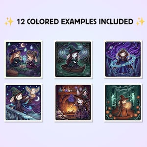 Puede incluir: Una colecci&oacute;n de 12 ejemplos a color con ilustraciones cuadradas de personajes estilo chibi con atuendos de brujas y magos. Las im&aacute;genes muestran escenas con elementos m&aacute;gicos, incluyendo pociones, esp&iacute;ritus brillantes, b&uacute;hos y chimeneas en tonos oscuros.