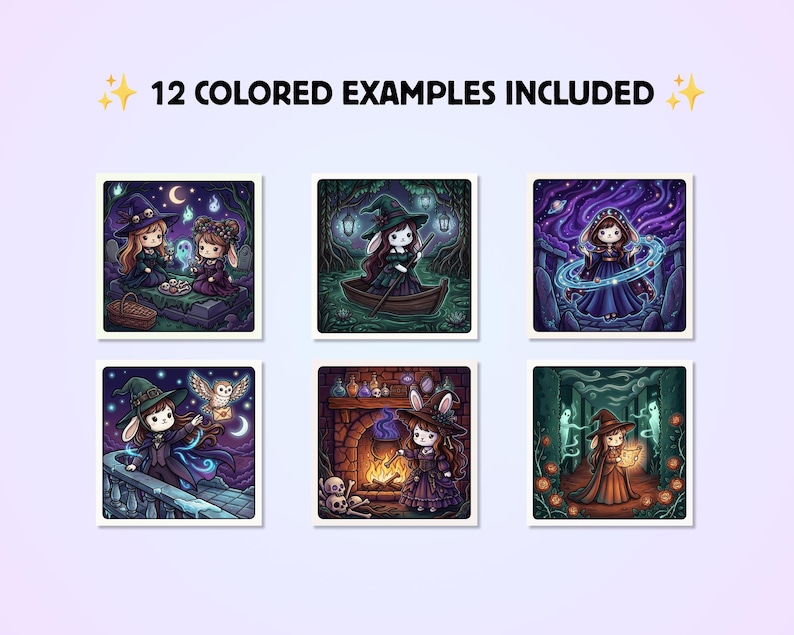 Puede incluir: Una colecci&oacute;n de 12 ejemplos a color con ilustraciones cuadradas de personajes estilo chibi con atuendos de brujas y magos. Las im&aacute;genes muestran escenas con elementos m&aacute;gicos, incluyendo pociones, esp&iacute;ritus brillantes, b&uacute;hos y chimeneas en tonos oscuros.