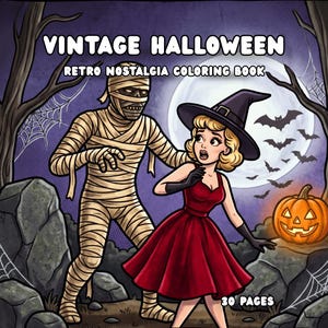 May include: A coloring book titled VINTAGE HALLOWEEN RETRO NOSTALGIA COLORING BOOK featuring a mummy and a person in a red dress and witch hat. The scene includes a full moon, bats, a jack-o'-lantern, and rocks. The cover indicates 30 PAGES.