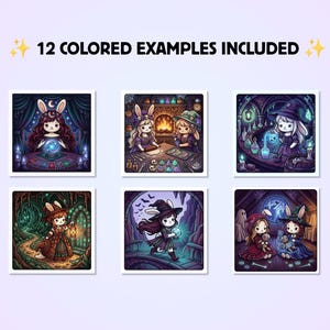 Puede incluir: Una colecci&oacute;n de seis ilustraciones cuadradas con personajes de conejos de dibujos animados en entornos de brujas. El texto 12 COLORED EXAMPLES INCLUDED aparece en la parte superior. Las escenas incluyen magia, pociones y linternas.