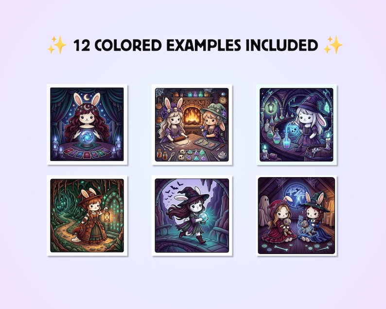 Puede incluir: Una colecci&oacute;n de seis ilustraciones cuadradas con personajes de conejos de dibujos animados en entornos de brujas. El texto 12 COLORED EXAMPLES INCLUDED aparece en la parte superior. Las escenas incluyen magia, pociones y linternas.
