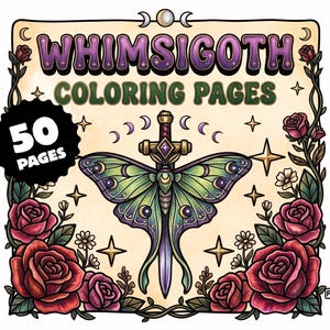 Whimsigoth Coloring Pages, Bold and Easy Celestial Adult Coloring Book, Witchy Digital Download, Gothic Boho Art, Spooky Cute, PNG & PDF