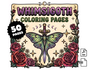 Páginas para colorear de Whimsigoth, libro para colorear celestial para adultos, atrevido y fácil, descarga digital de brujas, arte gótico bohemio, espeluznante y lindo, PNG y PDF