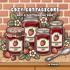 May include: A coloring book cover titled COZY COTTAGECORE BOLD & EASY COLORING BOOK with 40 PAGES. The illustration features three glass jars of strawberry jam, loose strawberries, white flowers, green leaves, and a silver spoon.