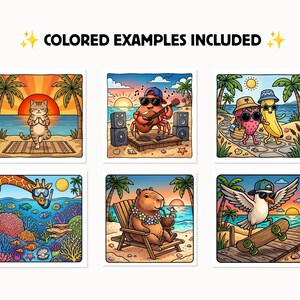 May include: Six square illustrations featuring cartoon animals in beach settings: a cat doing yoga, a crab playing guitar, a strawberry and banana walking, a giraffe snorkeling, a capybara relaxing, and a seagull on a skateboard. Text reads COLORED EXAMPLES INCLUDED.