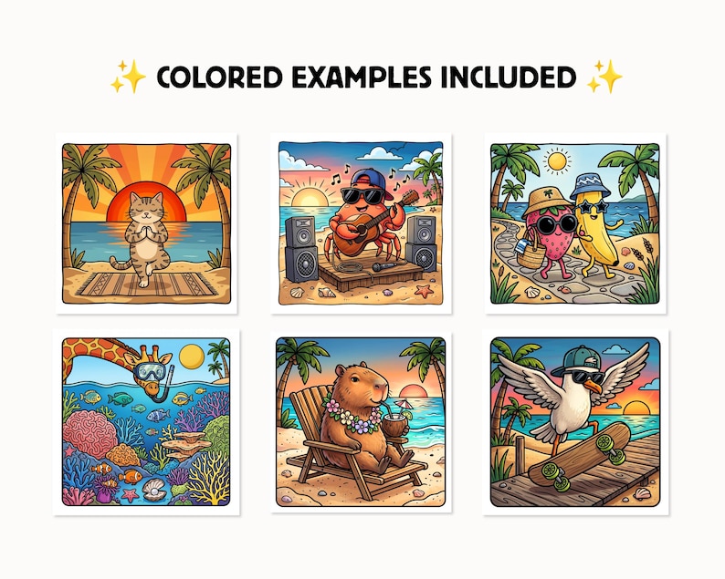 May include: Six square illustrations featuring cartoon animals in beach settings: a cat doing yoga, a crab playing guitar, a strawberry and banana walking, a giraffe snorkeling, a capybara relaxing, and a seagull on a skateboard. Text reads COLORED EXAMPLES INCLUDED.