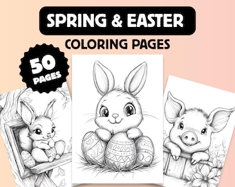 50 Kawaii Easter Animal Coloring Pages, Spring Egg Hunt Activity (Digital Download)
