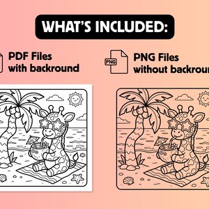 May include: A digital coloring page featuring a giraffe wearing star-shaped sunglasses, sitting on a beach towel under a palm tree, drinking from a coconut. The text reads WHAT'S INCLUDED: PDF Files with backround and PNG Files without backround.