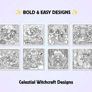 Puede incluir: Una colecci&oacute;n de ocho p&aacute;ginas para colorear en blanco y negro tituladas BOLD & EASY DESIGNS y Celestial Witchcraft Designs. Las ilustraciones muestran personajes de estilo chibi, incluyendo brujas y conejos en entornos m&aacute;gicos.