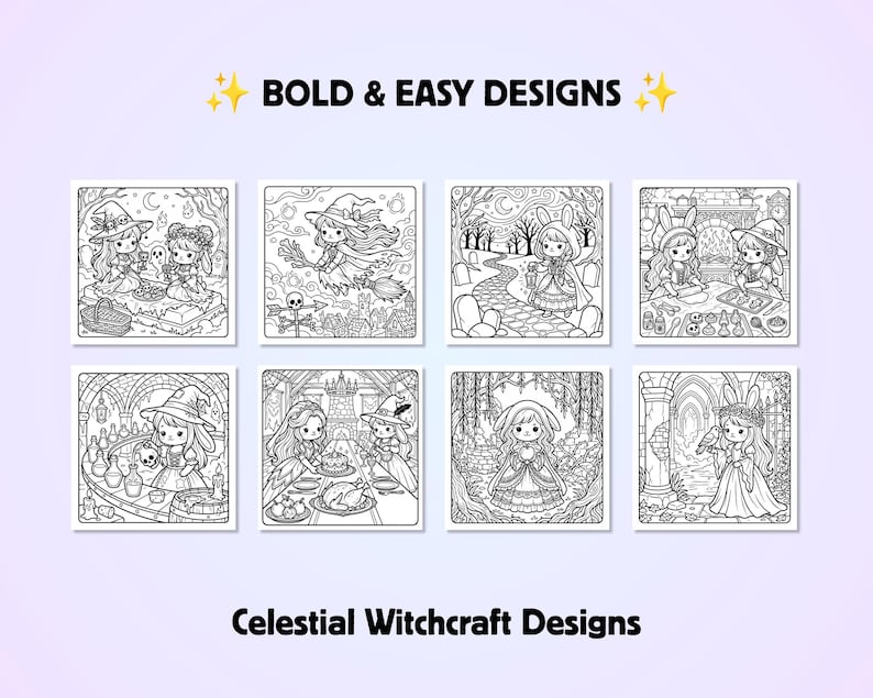 Puede incluir: Una colecci&oacute;n de ocho p&aacute;ginas para colorear en blanco y negro tituladas BOLD & EASY DESIGNS y Celestial Witchcraft Designs. Las ilustraciones muestran personajes de estilo chibi, incluyendo brujas y conejos en entornos m&aacute;gicos.