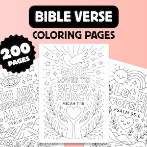 May include: A collection of Bible verse coloring pages. The pages feature inspirational quotes and illustrations, including a dove, sun, and rainbow. The text on the pages includes "God Loves to Show Mercy" and "Let us worship". The set includes 200 pages.