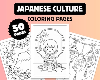 50 Japanese Culture Coloring Pages, Kawaii Japan Illustrations (Digital PDF)