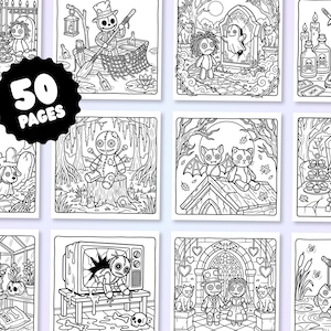 May include: A collection of 50 black and white coloring pages featuring gothic and spooky illustrations of voodoo dolls, skeletons, ghosts, bats, and eerie scenes. Each square page displays detailed line art with various dark themes.