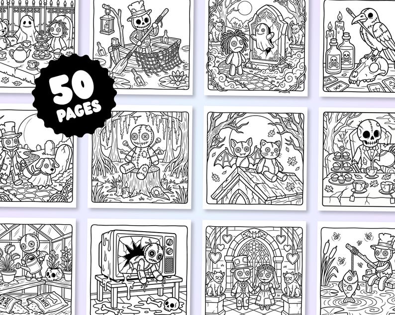 May include: A collection of 50 black and white coloring pages featuring gothic and spooky illustrations of voodoo dolls, skeletons, ghosts, bats, and eerie scenes. Each square page displays detailed line art with various dark themes.