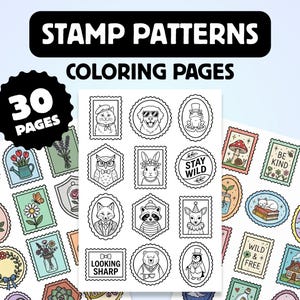 Könnte beinhalten: Ausmalbilder mit Stempelmustern. Die Designs umfassen Tiere, Blumen und Sätze wie "Stay Wild" und "Be Kind". Das Set enthält 30 Seiten. Der Text "Stamp Patterns" und "Coloring Pages" ist ebenfalls sichtbar.