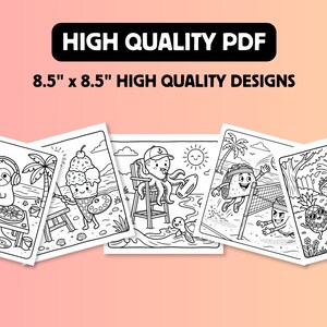 May include: A collection of five square coloring pages featuring black and white line art illustrations of a DJ sloth, an ice cream cone artist, an octopus lifeguard, taco volleyball players, and fruit playing in a sprinkler, labeled 8.5" x 8.5".
