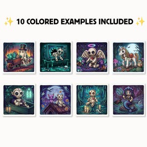 May include: A collection of eight square digital illustrations featuring various characters including a ghost, a voodoo doll, an angel, a unicorn, a vampire, a bat, and a mermaid. The text 10 COLORED EXAMPLES INCLUDED is displayed at the top.