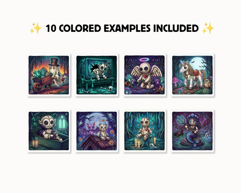 May include: A collection of eight square digital illustrations featuring various characters including a ghost, a voodoo doll, an angel, a unicorn, a vampire, a bat, and a mermaid. The text 10 COLORED EXAMPLES INCLUDED is displayed at the top.