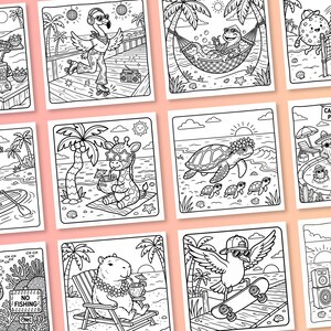 May include: A collection of twelve square black and white coloring pages featuring various animals in summer settings, including an octopus chef, a roller-skating flamingo, a turtle in a hammock, and a cactus family pool party scene.