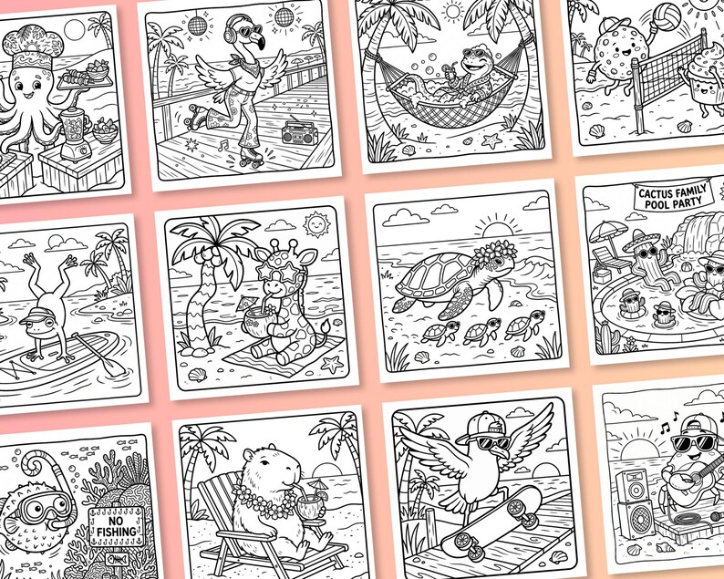 May include: A collection of twelve square black and white coloring pages featuring various animals in summer settings, including an octopus chef, a roller-skating flamingo, a turtle in a hammock, and a cactus family pool party scene.
