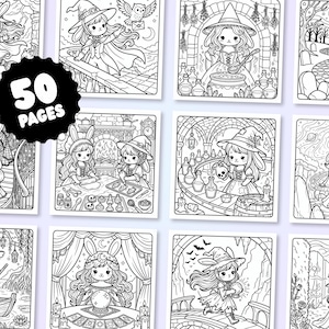 Puede incluir: Una colecci&oacute;n de 50 p&aacute;ginas para colorear en blanco y negro con ilustraciones de personajes con orejas de conejo y sombreros de bruja, lanzando hechizos, preparando pociones, leyendo libros y explorando paisajes m&aacute;gicos con estrellas.