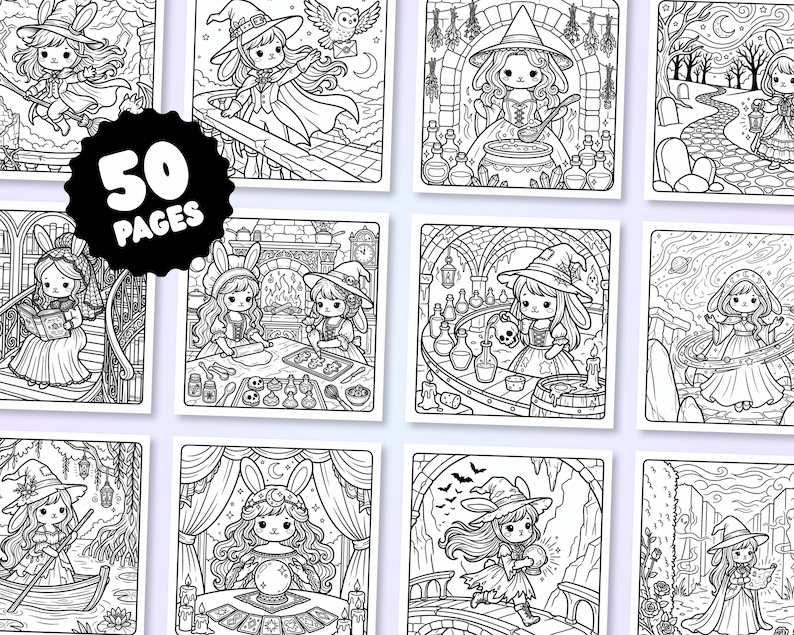 Puede incluir: Una colecci&oacute;n de 50 p&aacute;ginas para colorear en blanco y negro con ilustraciones de personajes con orejas de conejo y sombreros de bruja, lanzando hechizos, preparando pociones, leyendo libros y explorando paisajes m&aacute;gicos con estrellas.