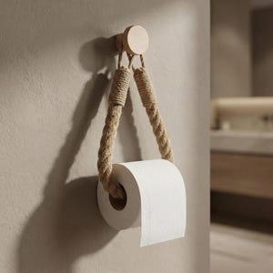 Könnte beinhalten: Ein Toilettenpapierhalter aus Holz in Naturtönen mit Seil-Design. Der Halter ist an einer hellen Wand montiert und hat eine Rolle weißes Toilettenpapier. Das Seil ist dick und verleiht dem Badezimmerzubehör einen rustikalen Touch.