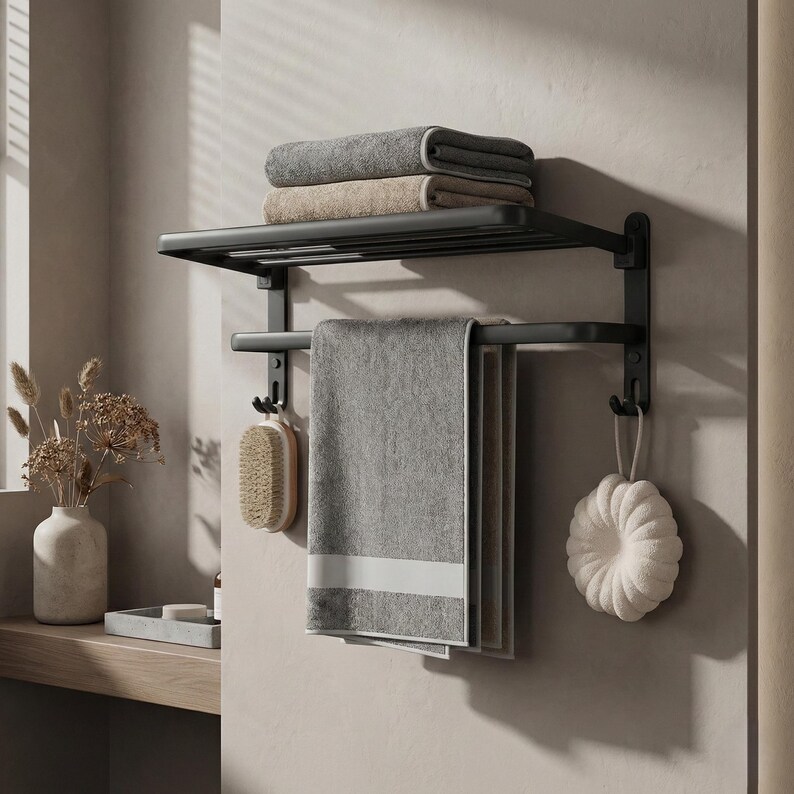 May include: A black metal towel rack with a shelf holding folded gray and tan towels. A gray towel with a white stripe hangs below. A wooden brush and a white sponge are suspended from hooks.