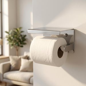 May include: A wall-mounted toilet paper holder made of polished silver-toned metal. The fixture features a flat rectangular shelf on top and a horizontal arm that holds a single roll of white toilet paper. The design is sleek and functional.