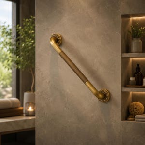 Puede incluir: Una barra de apoyo montada en la pared con acabado en latón antiguo cepillado, que presenta una sección central texturizada para el agarre y placas de montaje circulares decorativas en los extremos con un patrón floral en relieve.