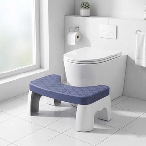 May include: A blue and white step stool with a diamond pattern on the top. The stool is designed to assist with reaching higher places. The stool is in a bathroom setting, near a toilet.