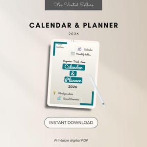 Può includere: Calendario e planner digitale per il 2026, visualizzato su un tablet con una penna. Il design presenta il testo "Calendar & Planner" e "2026" in uno schema di colori verde acqua e bianco. Il testo aggiuntivo include "Download istantaneo" e "PDF digitale stampabile".